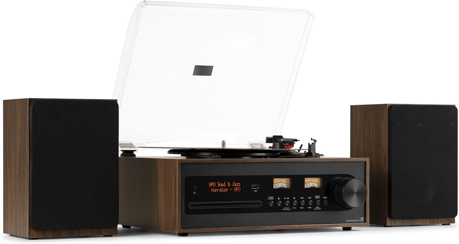 QEVA Platenspeler met CD Speler - Platenspeler - Vinyl Speler - Donken Bruin - 37cm x 12cm x 30cm