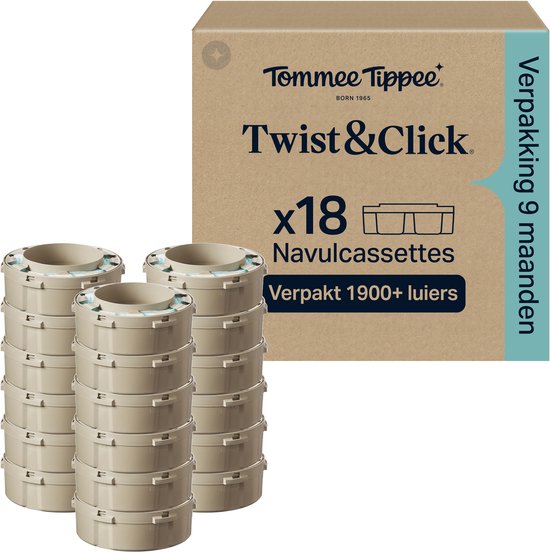 Une boîte de 18 cartouches de recharge Tommee Tippee Twist & Click à côté d'une pile de cartouches individuelles.