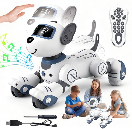 Complete set met robot hond, afstandsbediening, oplaadkabel en schroevendraaier.