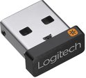 Logitech USB Unifying-ontvanger in zilver en zwart met het 'Logitech'-logo en een oranje ster op het uiteinde.