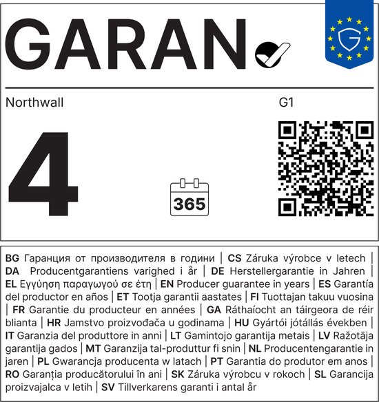 Garantiecertificaat Northwall G1 met nummer 4, QR-code, kalenderpictogram '365' en meertalige garantietekst.