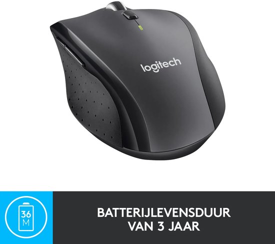 Zwarte Logitech Marathon draadloze muis met scrollwiel en batterijduur van 3 jaar.