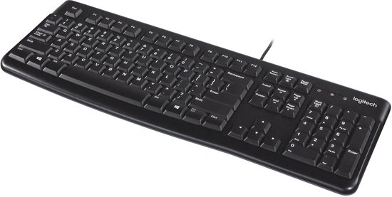 Schuin vooraanzicht van een zwart Logitech K120 bedraad toetsenbord.