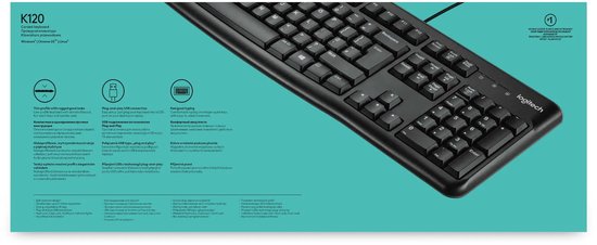 Verpakking van Logitech K120 toetsenbord met functies en specificaties.