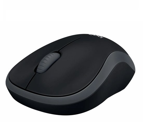 Zwarte draadloze muis met scrolwiel en Logi-logo.
