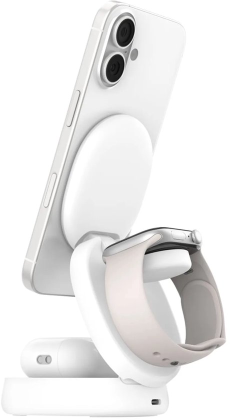 Witte Belkin-oplaadstandaard met iPhone en Apple Watch bevestigd aan de achterkant.