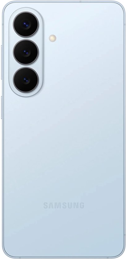 Achterkant van een lichtblauwe Samsung smartphone met drie verticaal geplaatste cameralenzen.