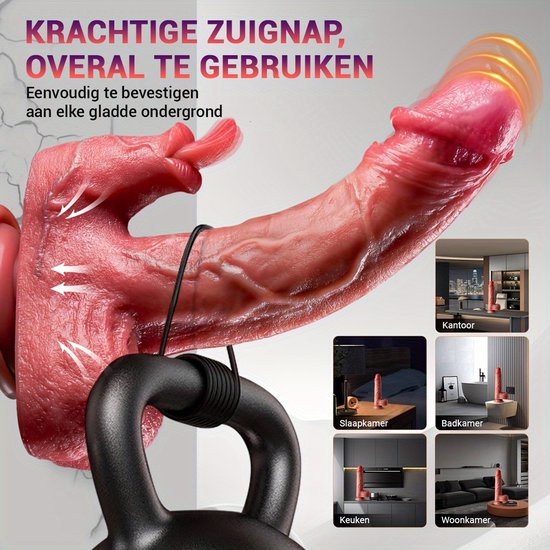 Dildo met krachtige zuignap, geschikt voor diverse ruimtes zoals kantoor, badkamer en slaapkamer.