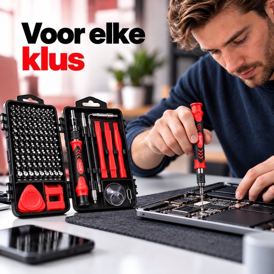 Persoon gebruikt BOTC precisie schroevendraaierset voor elektronica. Tekst: Voor elke klus.
