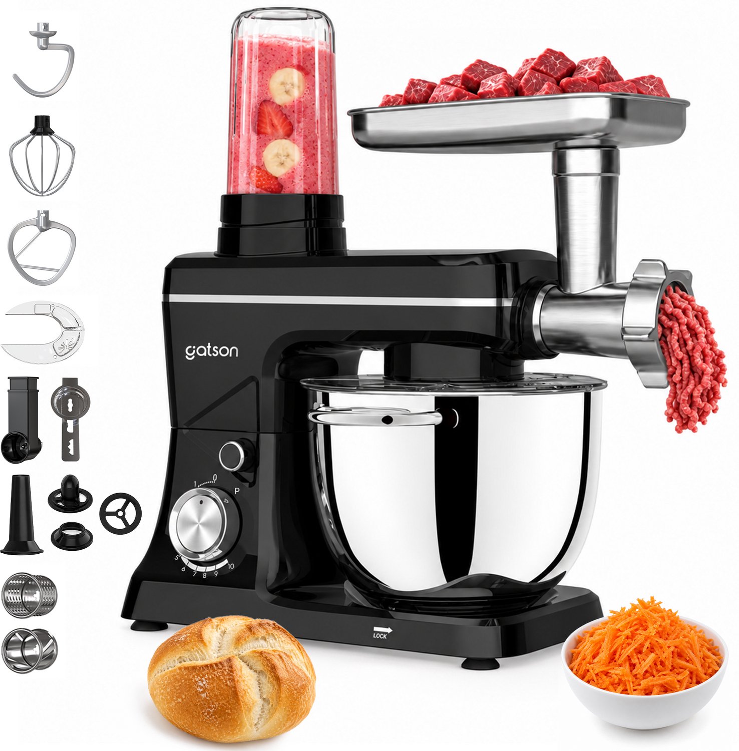 Gatson Multifunctionele Keukenmachine - Blender, Vleesmolen, Koekjesmaker & Groentesnijder - Keukenmixer - Keukenrobot - Foodprocessor - Mixer Met Mengkom