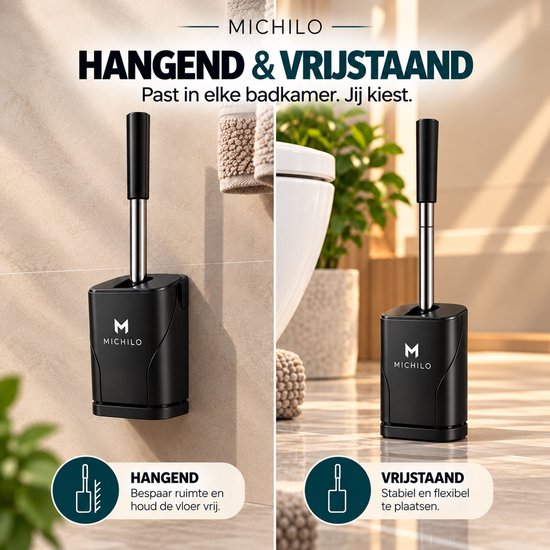 Zwarte Michilo toiletborstel met houder, hangend aan de muur of vrijstaand op de vloer te gebruiken.