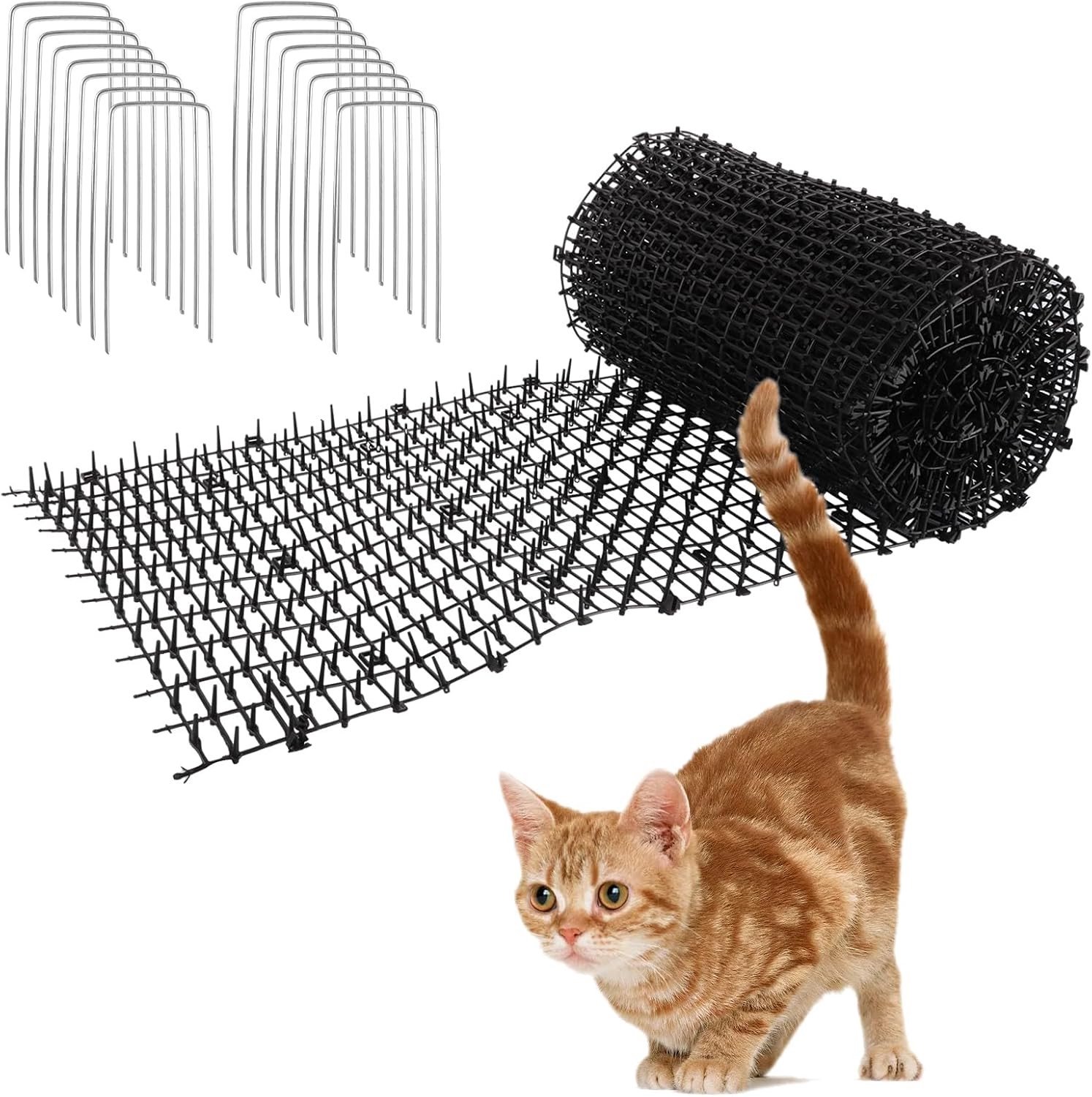 Anti-katten spikes, kattenafschrikmat op rol 30 x 400 cm in zwart met 16 U-vormige grondpinnen en witte kabelbinders, bescherming voor tuin, hek, balkon en plantenbak