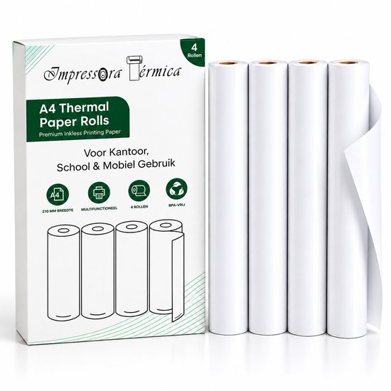 Vier witte A4 thermische papierrollen naast de verpakking met merknaam Impressora Térmica en productinformatie.