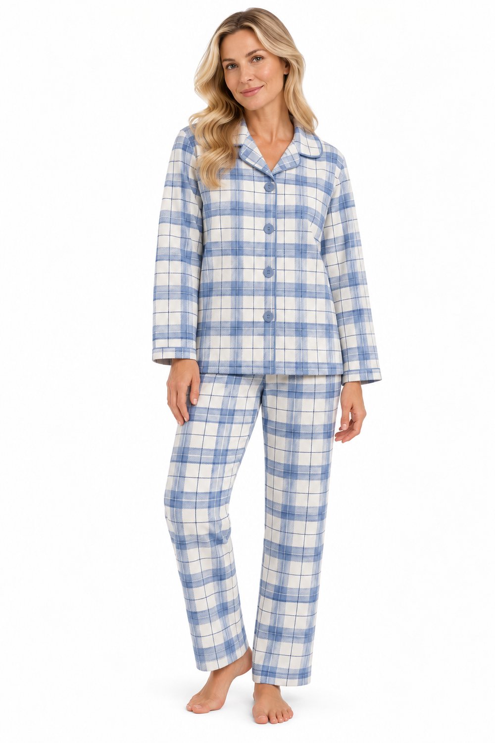 Cocodream - dames pyjama flanel - doorknoop - blauw geruit - maat L