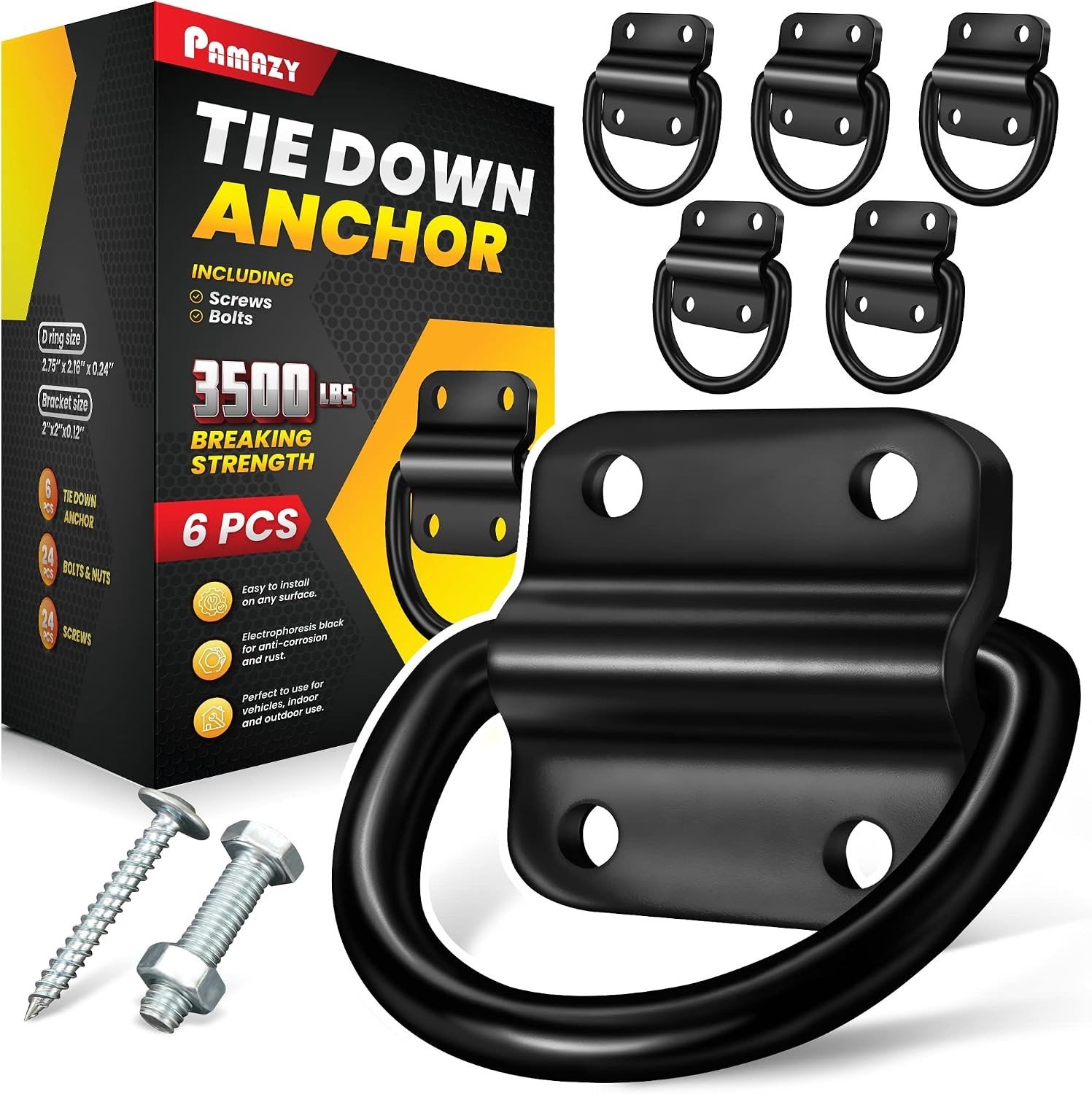 6 Stuks Heavy Duty Stalen D-Ringen Bevestigingsankers, Ultra Duurzaam 5000lbs Breeksterkte, Oppervlakte Bevestigingshaken voor Trailer en Vrachtwagen, Inclusief Schroeven en Bouten, 2.75 Inch
