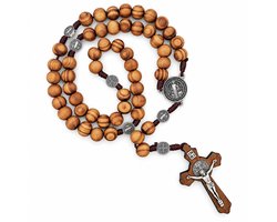 Rozenkrans - licht bruin - houten kralen - kruis met Jezus - geknoopt