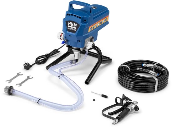 Blauwe HBM verfspuit 950W, slang, pistool en accessoires op een witte ondergrond.