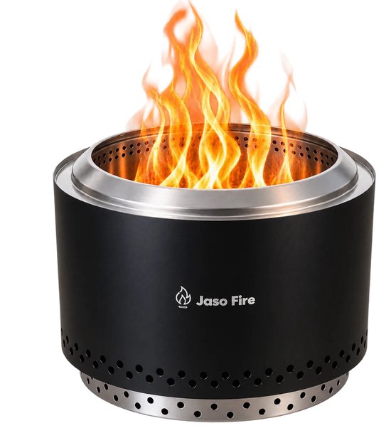 Zwarte Jaso Fire vuurkorf met vlammen, roestvrijstalen rand en ventilatiegaten aan de onderzijde.