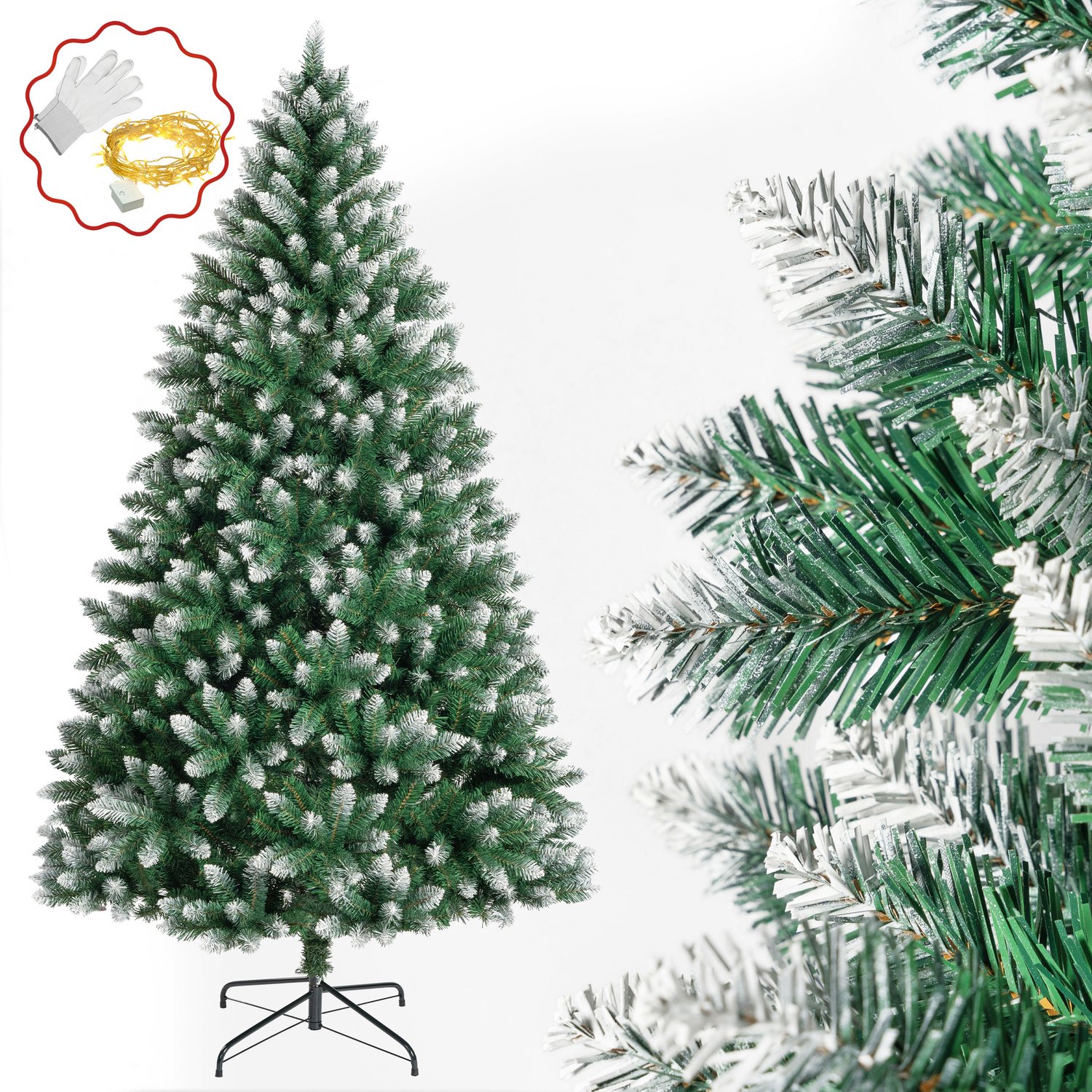 Sinaopus Kunstkerstboom 210 cm – Grote Besneeuwde PVC Kerstboom – 1280 Volle Takken – Inclusief Lichtsnoer – Stevige Metalen Voet – Volle Kerstboom voor Woonkamer