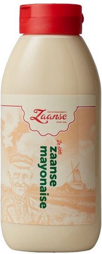 Fles Zaanse mayonaise met rode dop en beige etiket voorzien van een molen en portret.