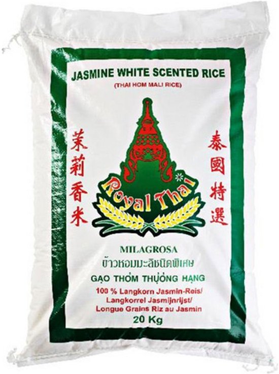 20 kg zak Royal Thai langkorrelige jasmijnrijst met groen logo en Thaise tempelafbeelding.