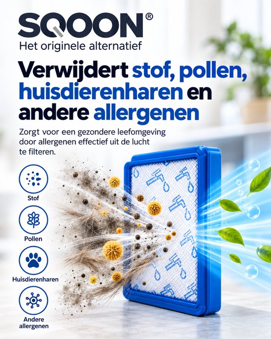 SQOON-filter dat allergenen zoals stof, pollen en haren effectief uit de lucht filtert voor een gezonde omgeving.