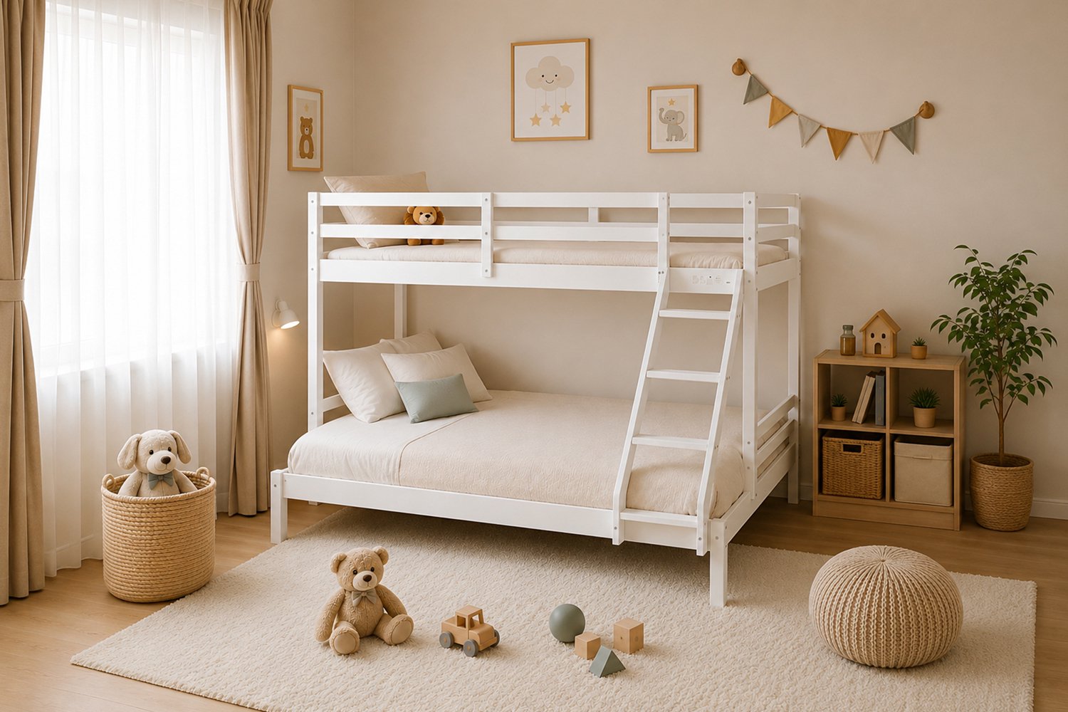 Stapelbed Triad Wit – 90x200 + 140x200 cm – Massief Grenenhout – Inclusief Lattenbodems – Ladder Links/Rechts