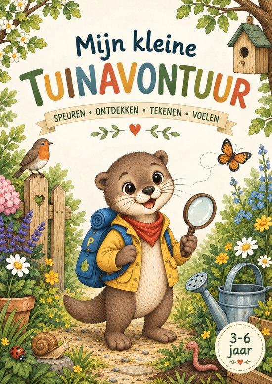 Voorkant van het boek 'Mijn kleine tuinavontuur' met Paco de otter, een vergrootglas en bloemen.