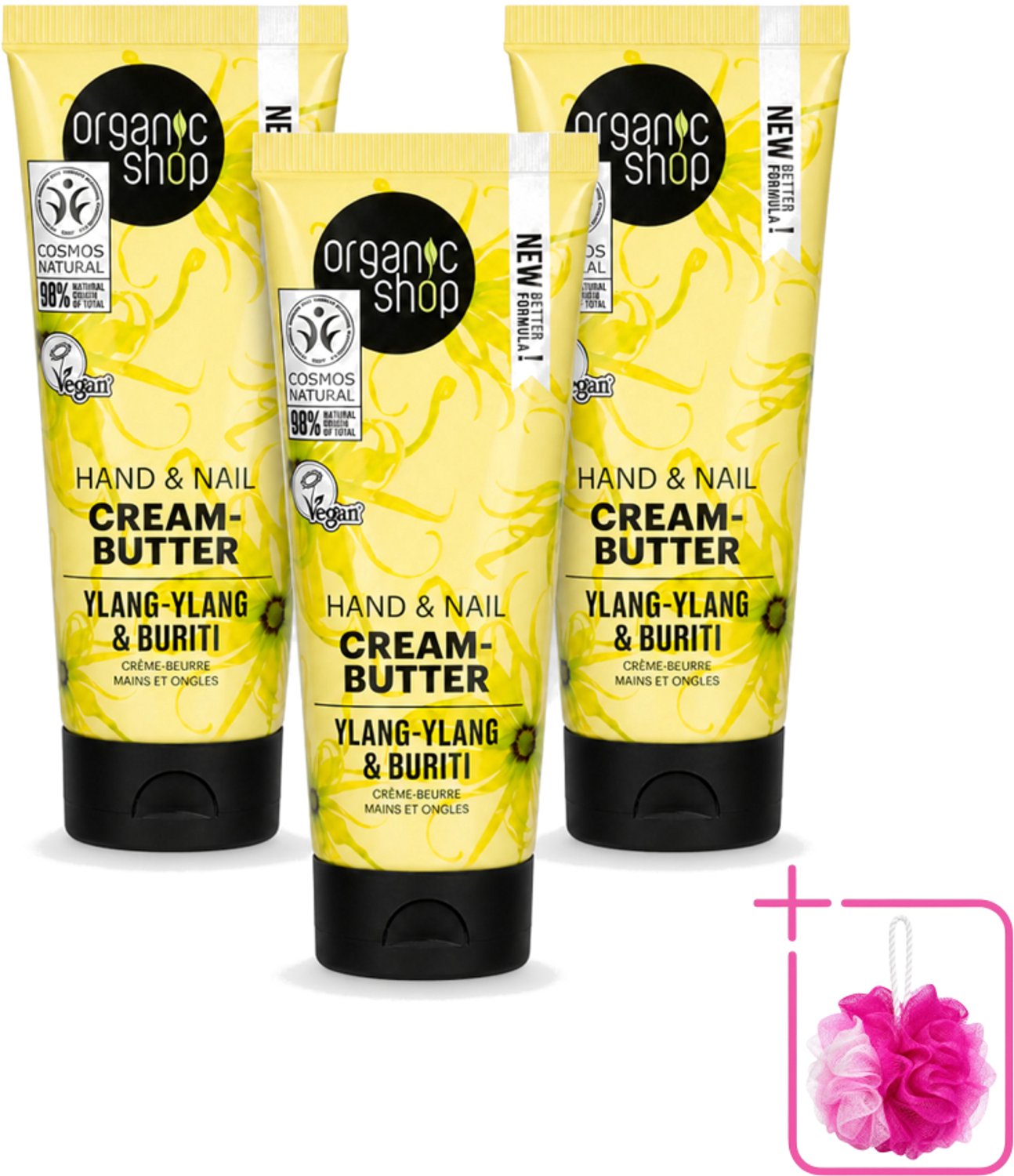 3 x Organic Shop - Ylang-Ylang & Buriti Hand & Nail Cream - Verzachtend en Herstellend - 75 ml - Bulkverpakking - Handcrème - Douchemop - Nagelcrème
