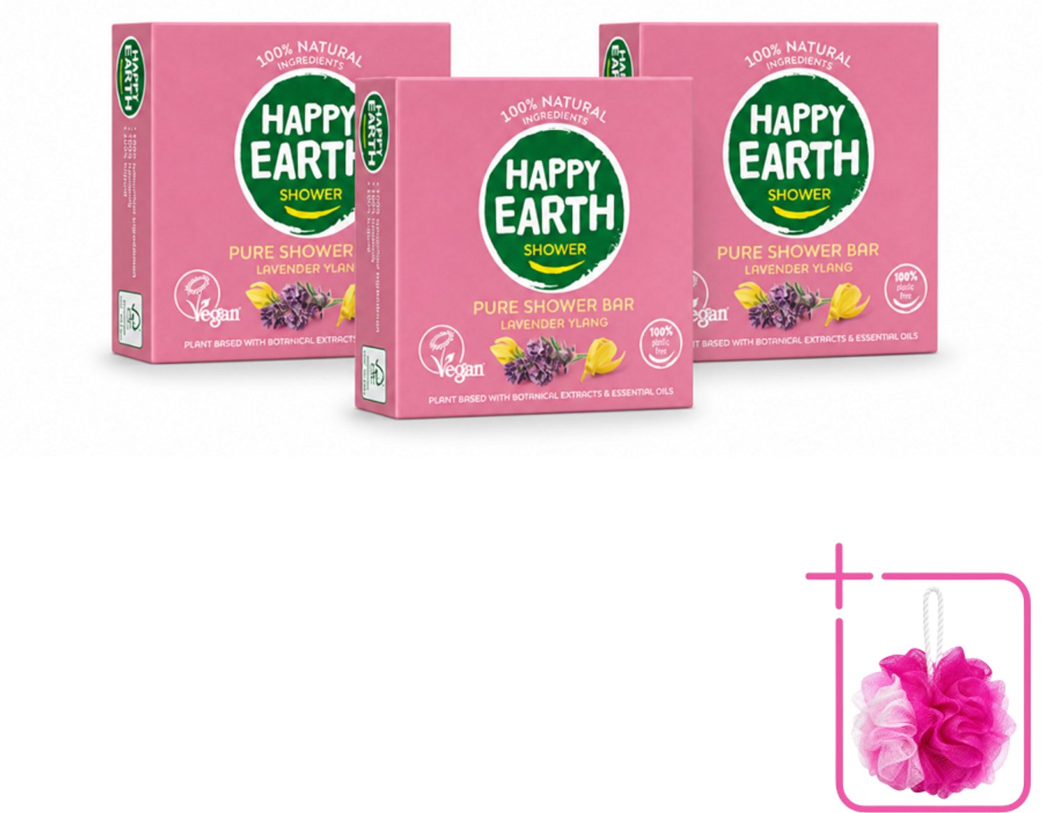 3 x Happy Earth – Shower Bar – 100% Natuurlijk Lavender Ylang – 90 g - Bulkverpakking - Douchegel - Douchemop - Natuurlijke douchegel