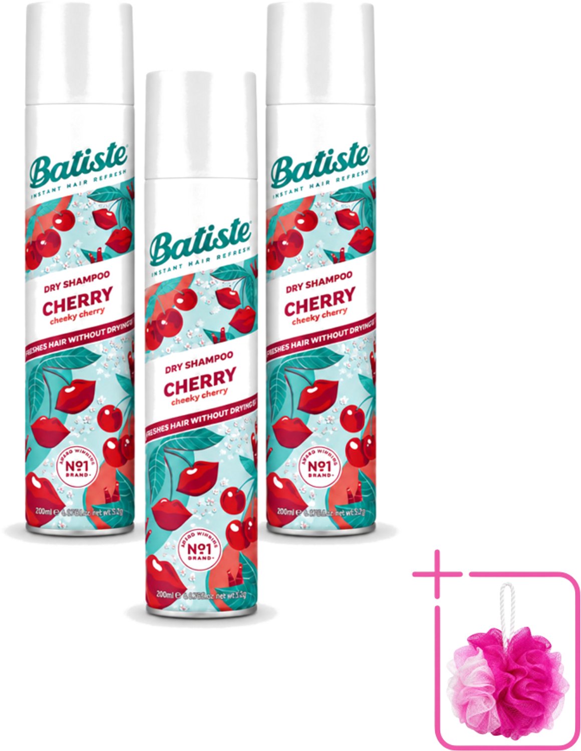 3 x Batiste - Cherry - Droogshampoo - Kersenbloesem Geur - Verfrist en Geeft Volume - 200ml - Bulkverpakking - Droogshampoo - Douchemop - Kersengeur