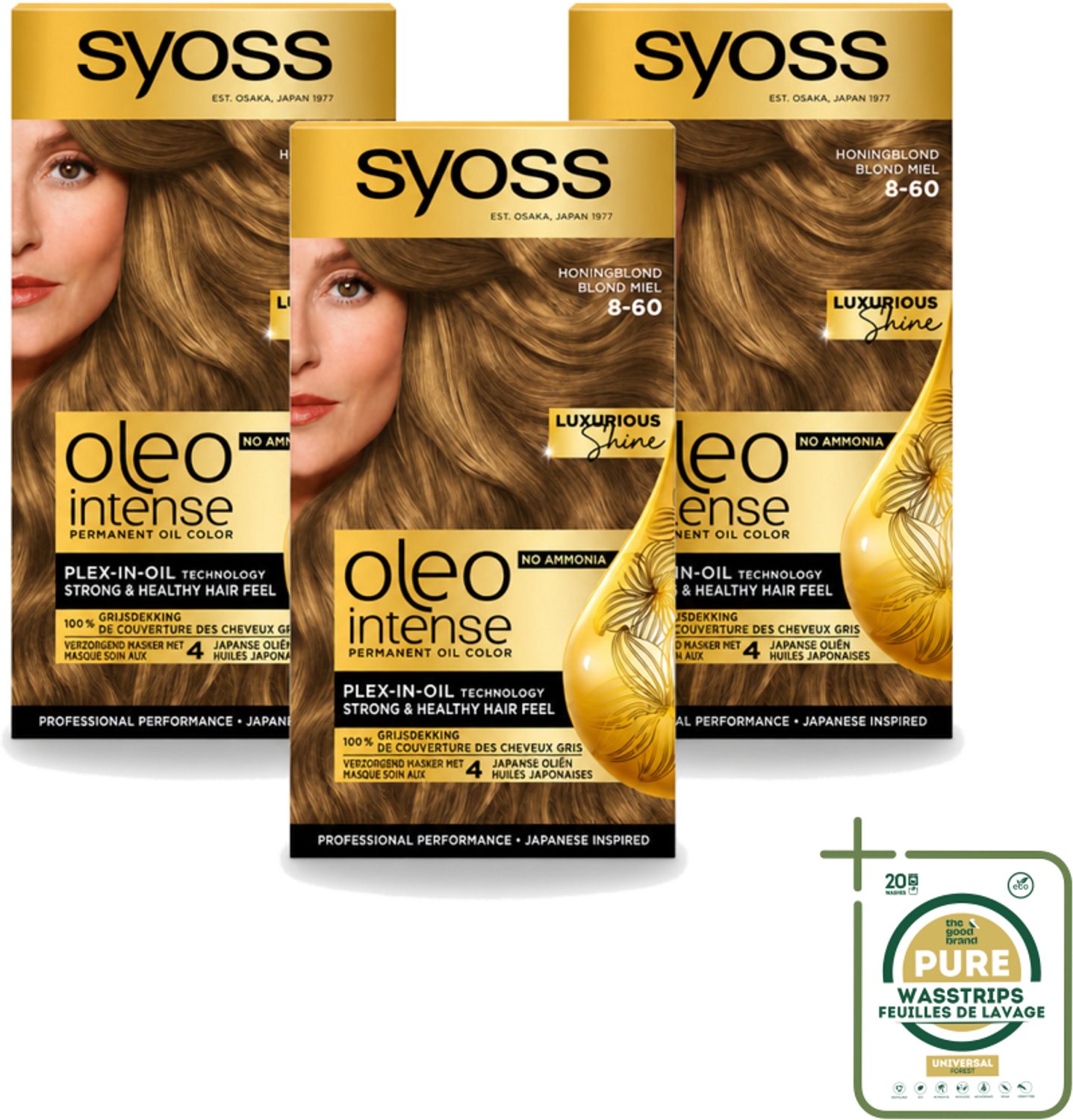 3 x SYOSS - Oleo Intense 8-60 Honing Blond - Haarverf - Zonder Ammoniak - Grijsdekking - Langdurige Kleur - Wasstrips - Haarverf Zonder Ammoniak - Haarkleur Permanent - Grijsdekking - Haarverf 8-60 Honingblond - Haarverf Met Olieformule