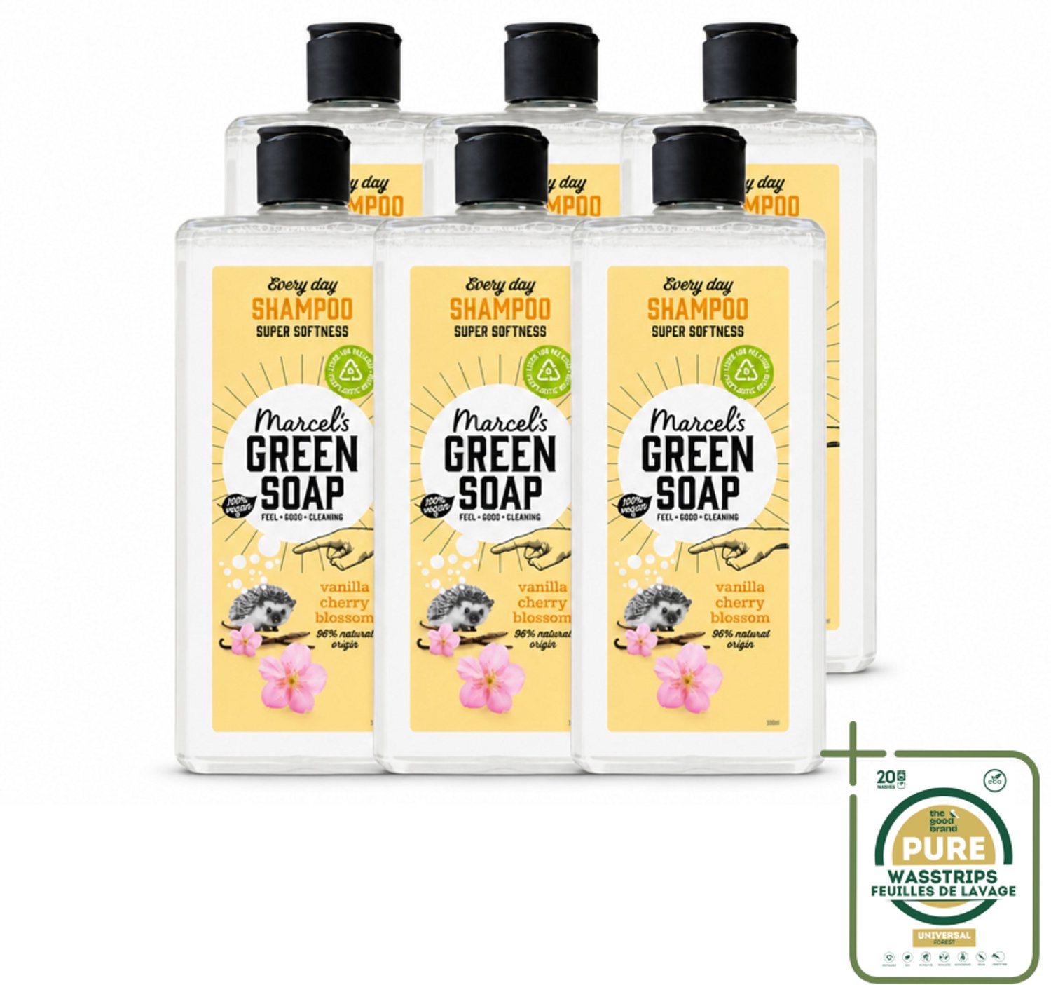 6 x Marcel's Green Soap - Every Day Shampoo - Vanilla & Cherry Blossom - Versterkt & verzorgt - 300 ml - Wasstrips - Shampoo Voor Haar - Dagelijks Shampoo - Natuurlijke Shampoo - Vegan Shampoo - Shampoo Voor Vet Haar