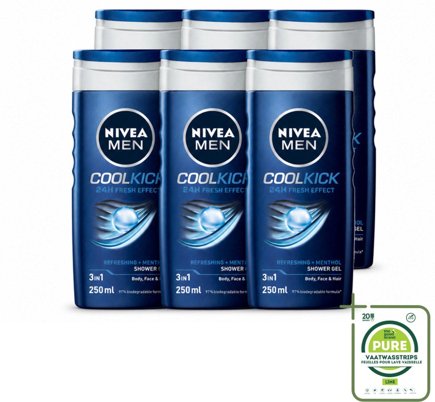 6 x NIVEA MEN - Douchegel - Cool Kick - 250 ml - Grootverpakking - Vaatwasstrips - Douchegel - Shampoo - Frisheid - Verkoeling - Mannelijke Geur