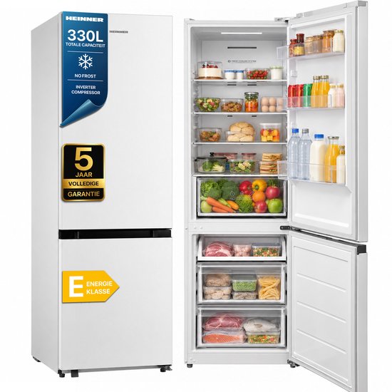 Witte Heinner koel-vriescombinatie met 330L inhoud, No Frost, inverter compressor, energieklasse E en 5 jaar garantie.