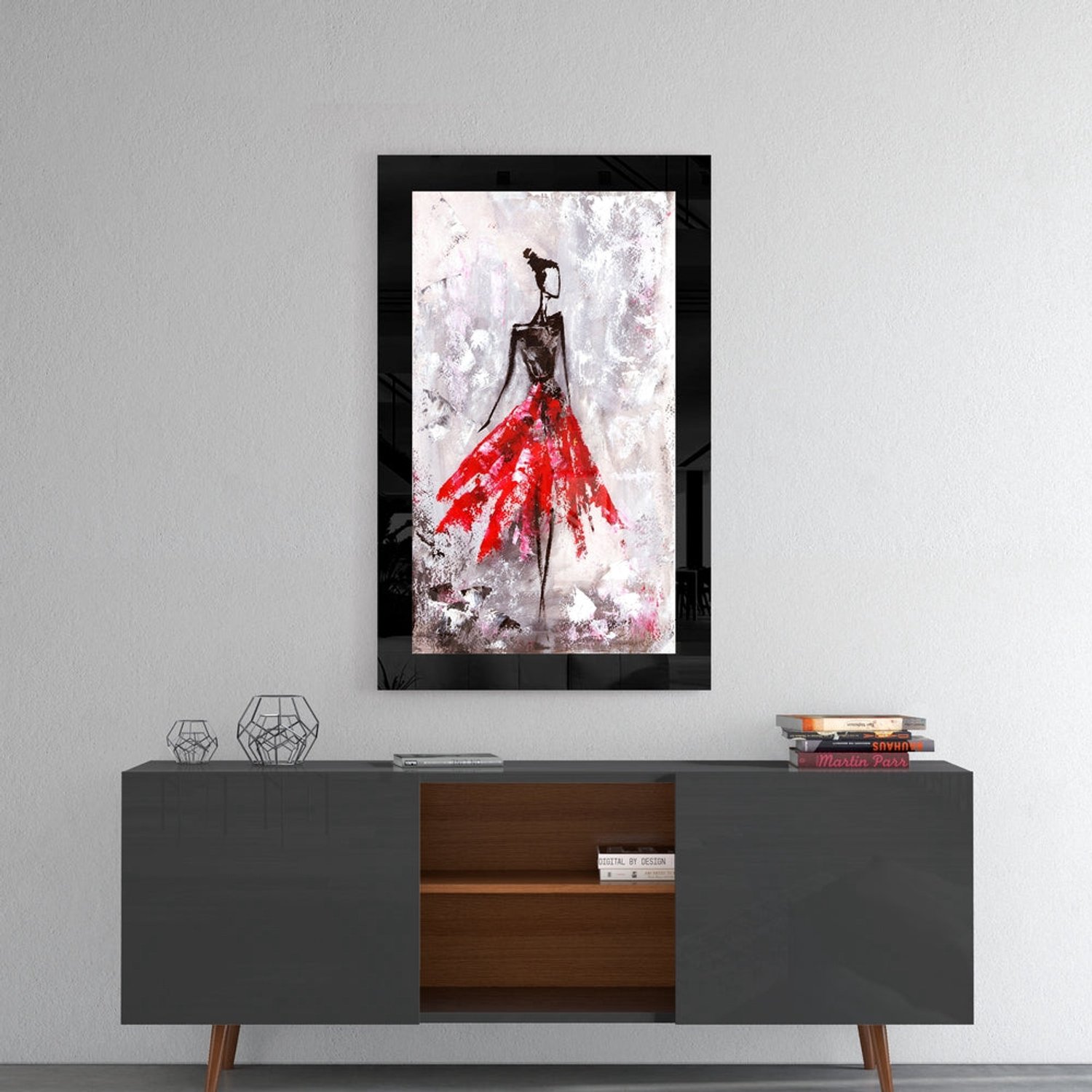 Glasschilderij – Abstracte Danseres met Rode Rok – Kunstzinnige Glasdecoratie