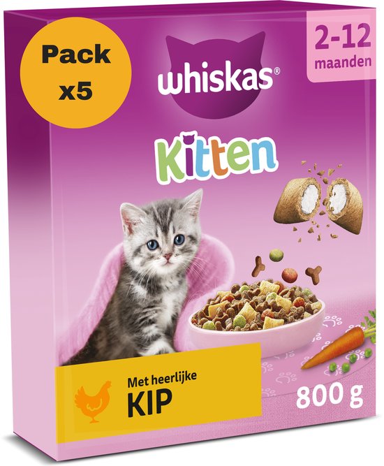 Paarse verpakking Whiskas Kitten droogvoer voor 2-12 maanden met afbeelding van kitten en kipbrokjes, 800g.