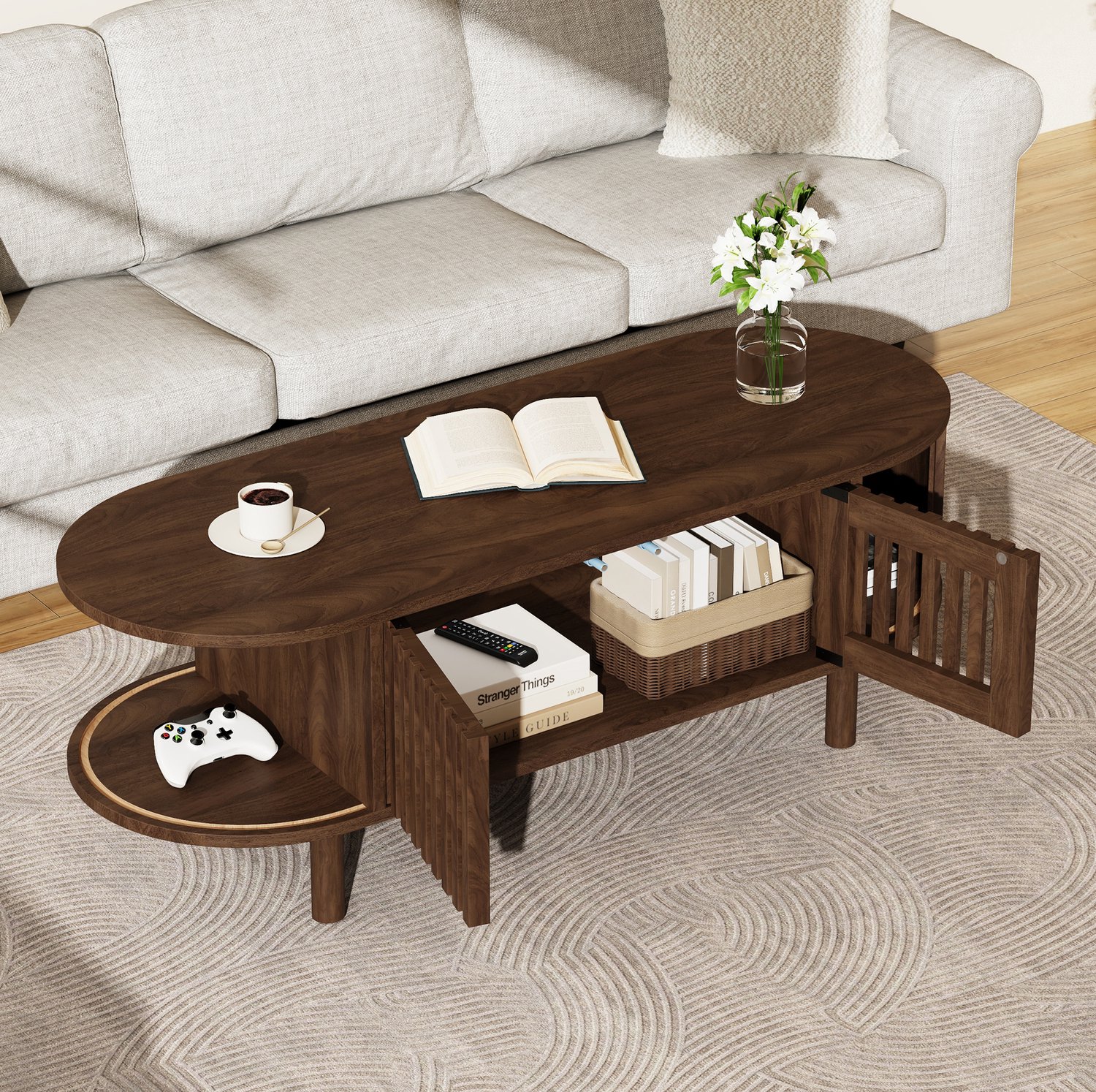 CHICFURN Salontafel - opbergruimte - ovale vorm - walnootkleur