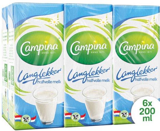 Voordeelverpakking met drie pakjes Campina Langlekker halfvolle melk van 200 ml met afbeelding van een glas melk.