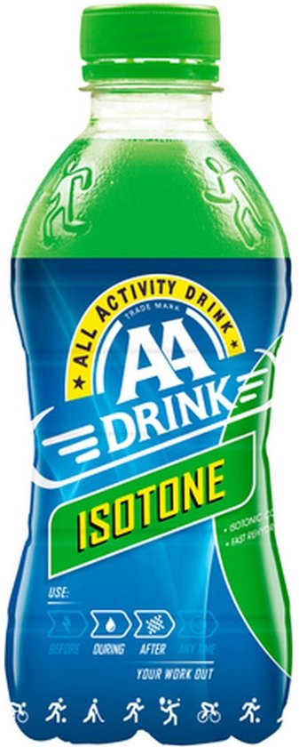 Groene AA Drink Isotone sportdrank in een fles van 33 cl met blauw label en gebruiksinstructies.