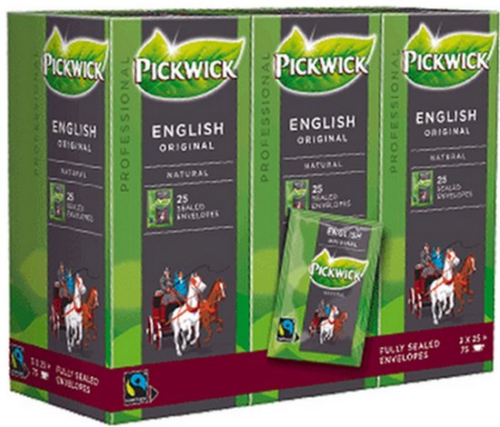 Drie verpakkingen Pickwick Professional English Original thee met 25 verzegelde zakjes en afbeelding van een koets.