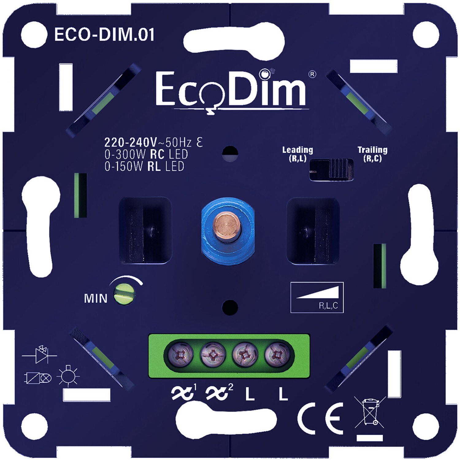 EcoDim - LED Dimmer - ECO-DIM.01 - Fase Aan- en Afsnijding RLC - Inbouw - Enkel Knop - 0-300W
