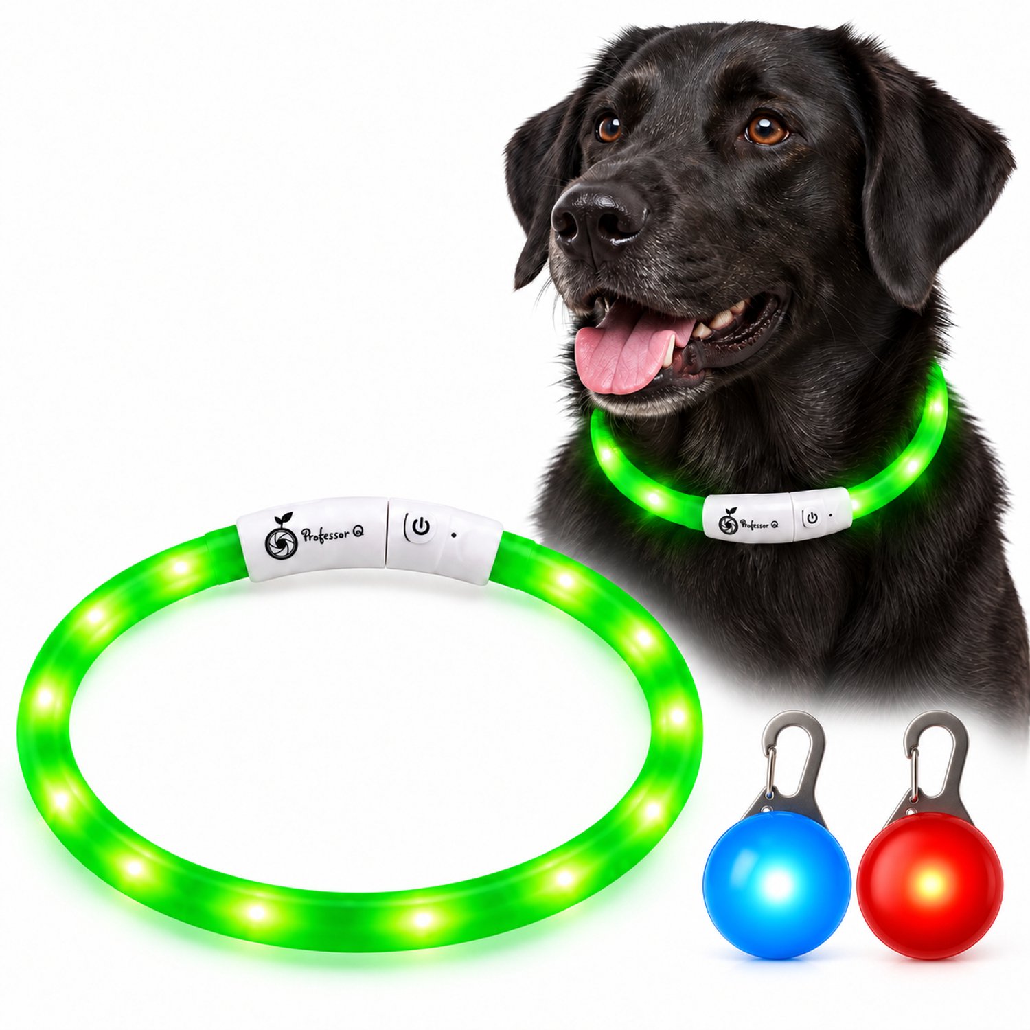 Professor Q LED Hondenhalsband Set - Groen M 51 cm - USB Oplaadbaar - 3 Lichtstanden - Met Blauw en Rood LED Lampje