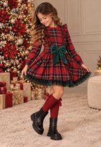 Kerstjurk Meisjes – Rode Geruite Kerstjurk met Groene Strik – Feestjurk – Kerstjurkje Meisje - maat 110