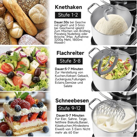 Homelux - Keukenmachine 16L XXL – 2800W Krachtige Deegmixer met LED Touchscreen – Kneedmachine met RVS Kom & 3 Opzetstukken – Professionele Mixer voor Brood, Deeg, Taart – Hamurmakinesi - Deegmachine — afbeelding 5