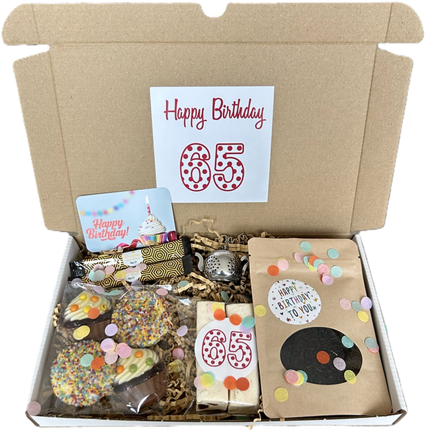 65 Verjaardag thee brievenbus cadeau - nougat - chocolade - honing - theezeefje