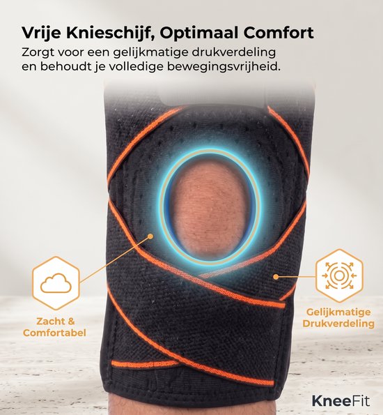 Zwarte kniebrace met oranje banden en een open patella-ontwerp voor gelijkmatige druk.