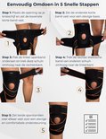 Instructie-infographic in 5 stappen voor het aanbrengen van de zwarte en oranje kniebrace.