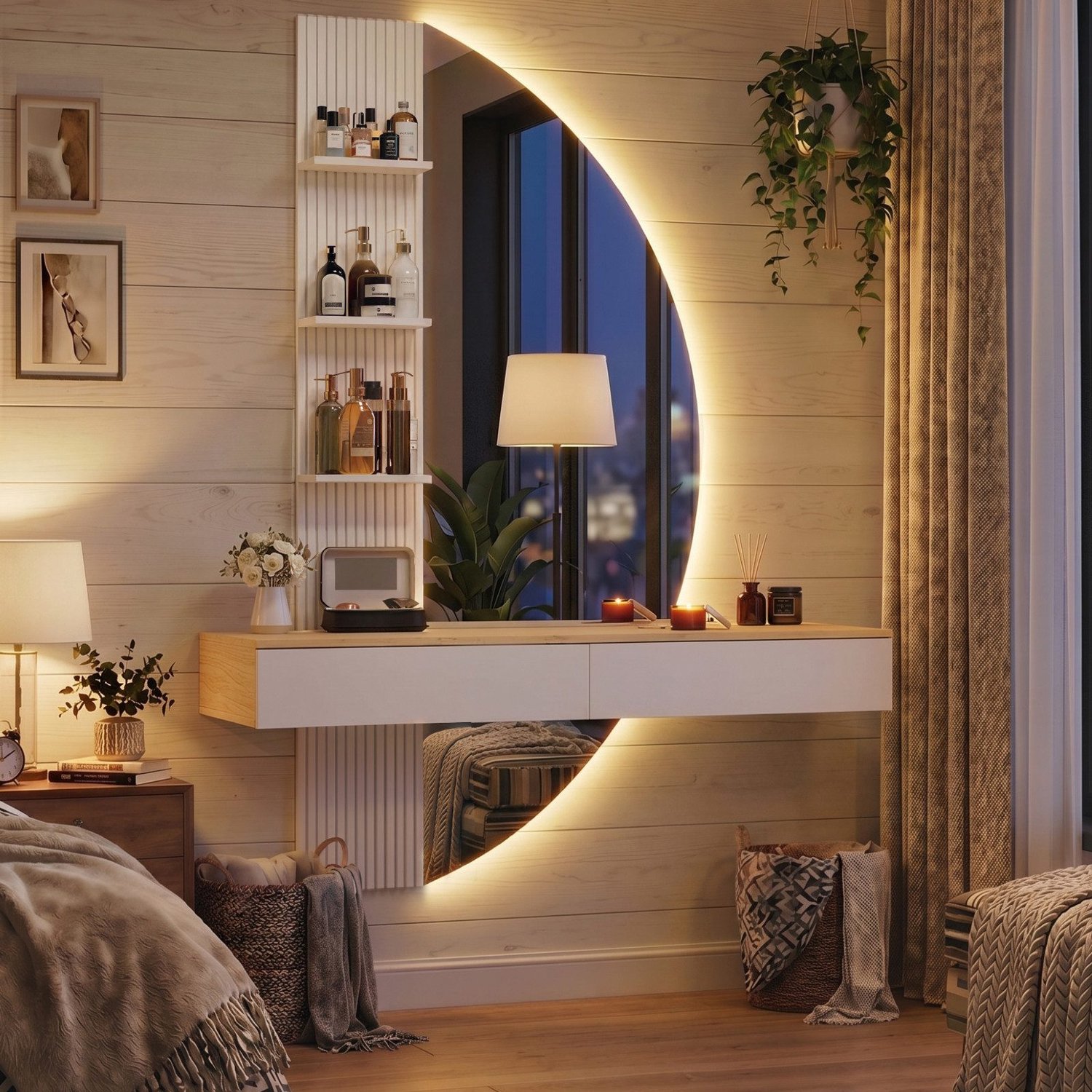 Devoko Zwevende Kaptafel met Spiegel en LED-verlichting – 3 Lichtkleuren – 2 Laden en 3 Open Opbergvakken – 106 × 40 × 143 cm – Wit