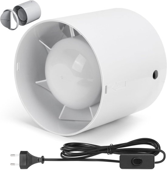 Witte buisvormige ventilator met stroomkabel, stekker en schakelaar. Toont interne rotor.